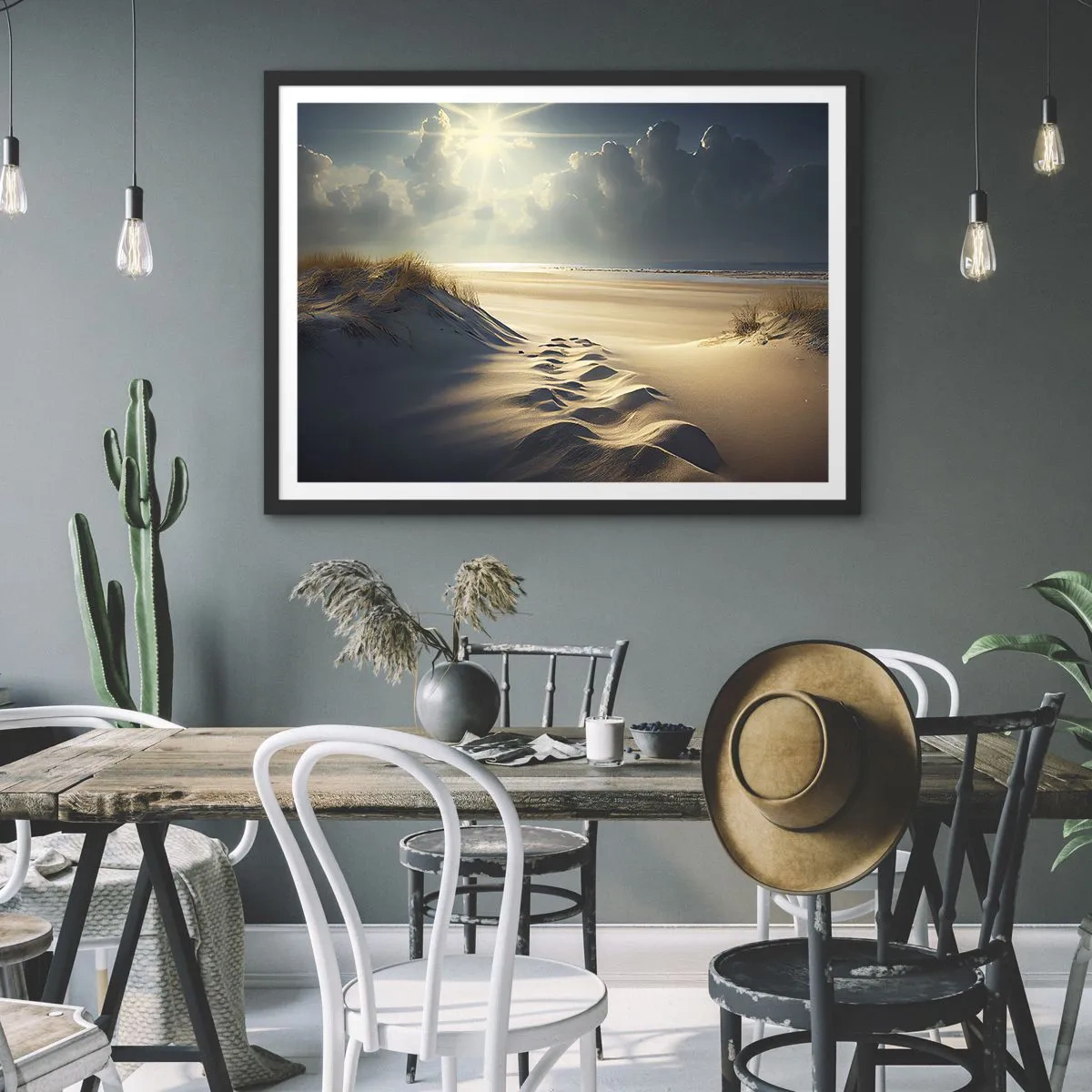 Poster in cornice nera - Dune dorate sulla spiaggia al tramonto con vista sul mare - 70x50cm - Paesaggio rilassante - Decorazione murale moderna per soggiorno e camera da letto ARTTOR