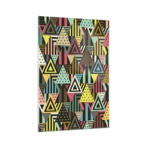 Quadro su vetro - Motivo geometrico colorato con triangoli e linee - 70x100cm - Al ritmo di tre - Decorazione murale moderna per soggiorno e camera da letto ARTTOR