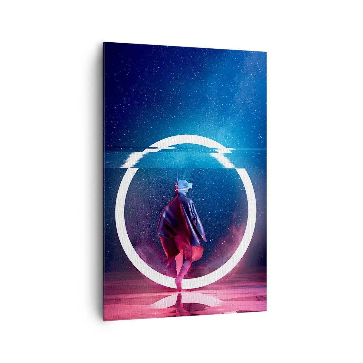 Quadro su tela - Stampe su Tela - Un personaggio in un ambiente futuristico con un cerchio al neon - 80x120cm - Tra due mondi - Decorazione murale moderna per soggiorno e camera da letto ARTTOR