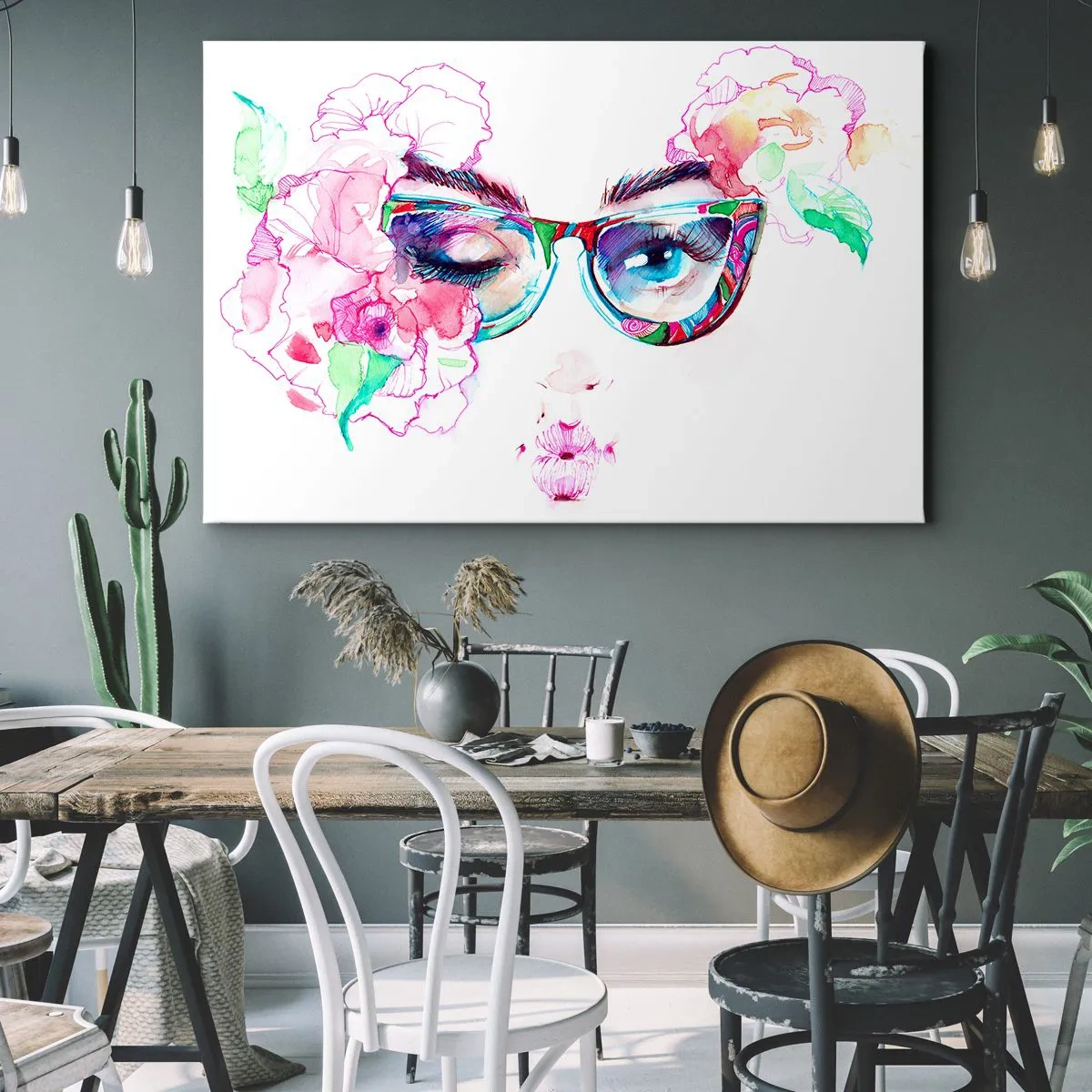 Quadro su tela - Stampe su Tela - Volto acquerello con occhiali colorati e fiori - 70x50cm - Promessa allettante - Decorazione murale moderna per soggiorno e camera da letto ARTTOR