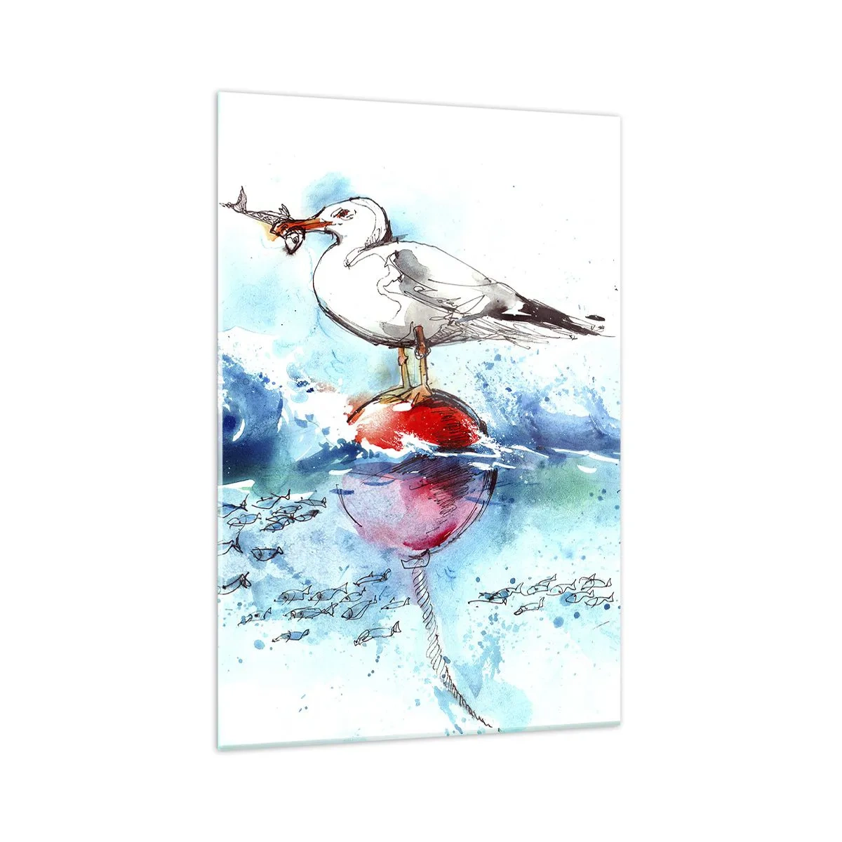 Quadro su vetro - Gabbiano su una boa con pesci sullo sfondo in stile acquerello - 70x100cm - Buona pesca - Decorazione murale moderna per soggiorno e camera da letto ARTTOR