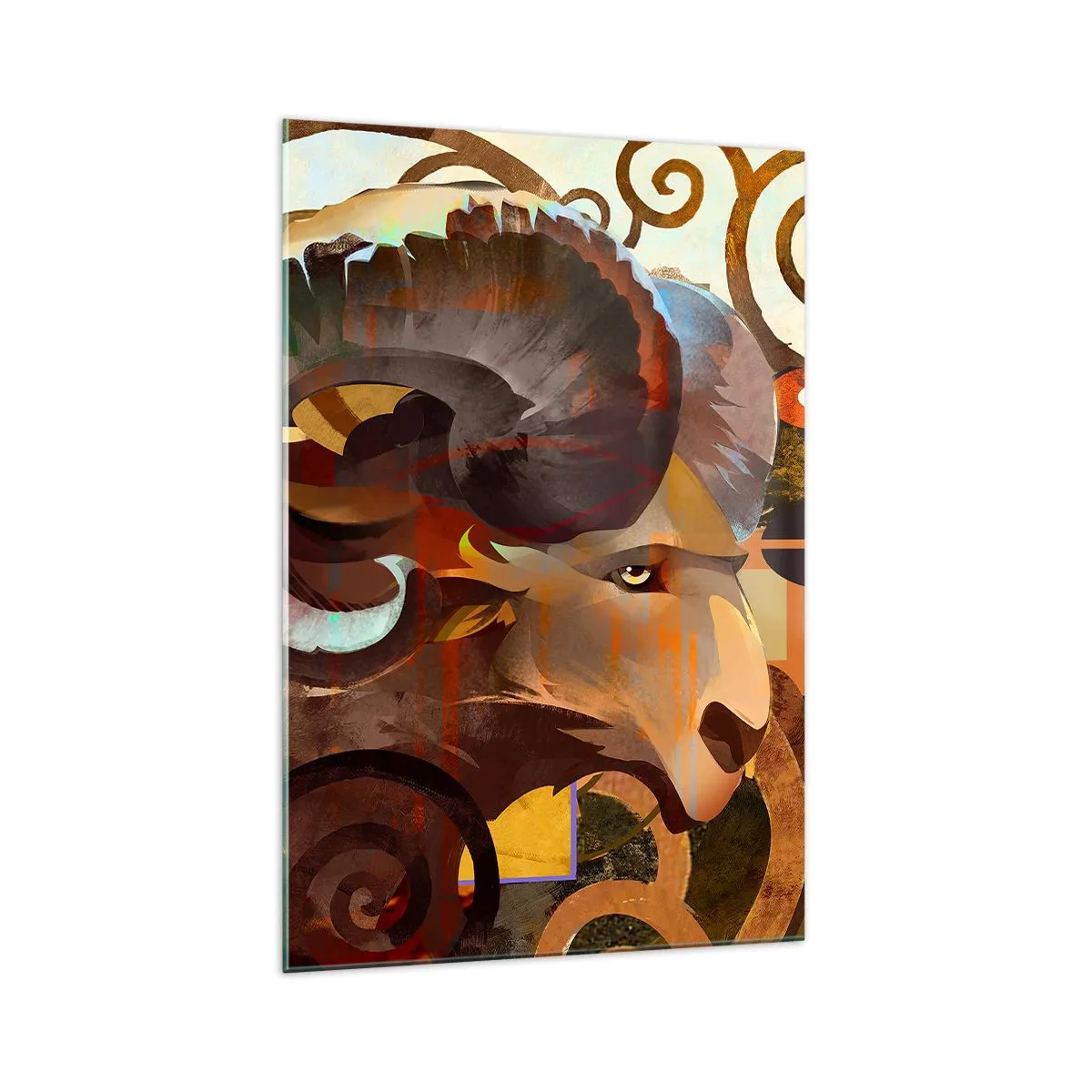 Quadro su vetro - Un ariete simbolico in una composizione astratta - 70x100cm - Magie - religioni - riti - Decorazione murale moderna per soggiorno e camera da letto ARTTOR