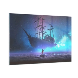 Quadro su vetro - Una nave notturna che galleggia sull'acqua in un'aura magica - 100x70cm - Incontro con il mito del mare - Decorazione murale moderna per soggiorno e camera da letto ARTTOR