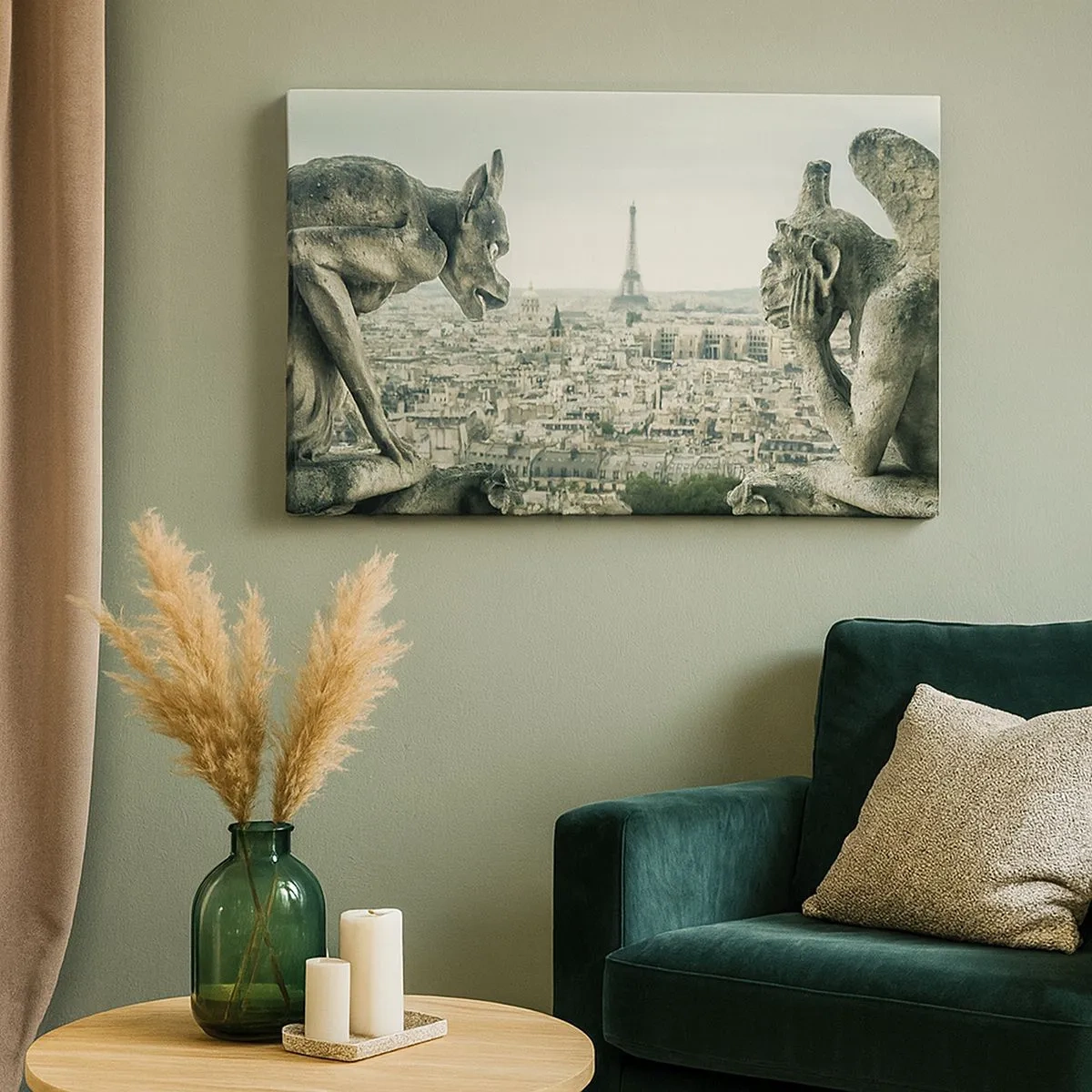Quadro su tela - Stampe su Tela - Gargoyle che dominano lo skyline di Parigi e la Torre Eiffel - 70x50cm - Chiacchierate parigine - Decorazione murale moderna per soggiorno e camera da letto ARTTOR