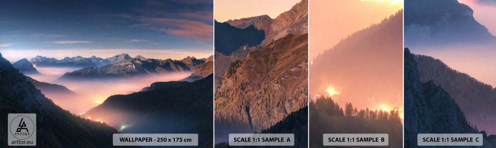 Campione Di Fotomurale Standard Eco - La luce nelle valli - Paesaggio, Montagne, foresta - 100x30 cm