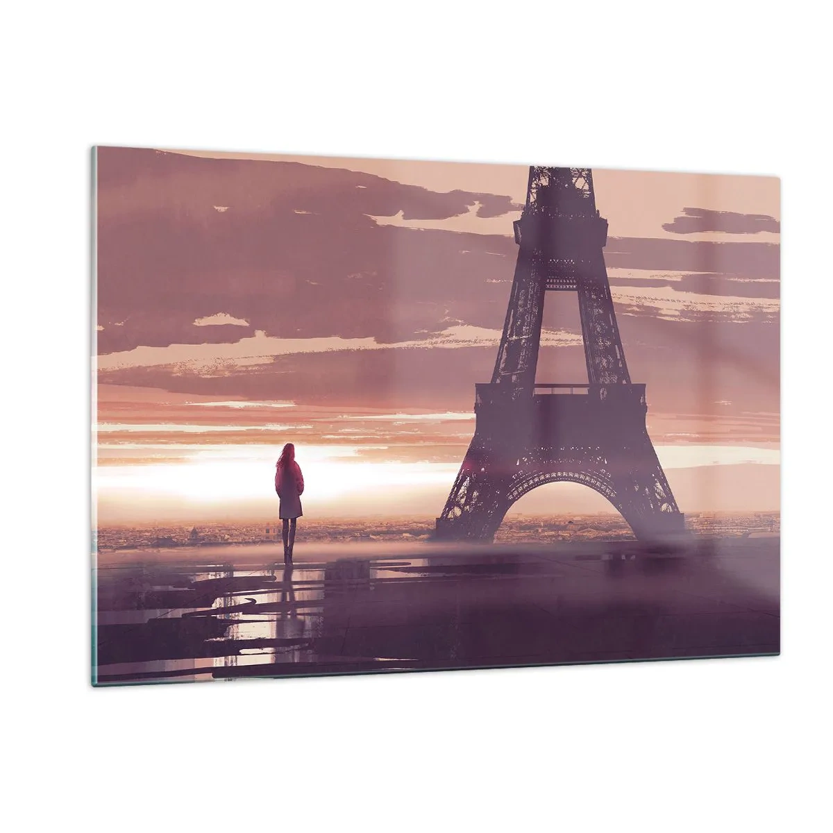 Quadro su vetro - La Torre Eiffel al tramonto con la sagoma di una persona - 120x80cm - Solo loro due - Decorazione murale moderna per soggiorno e camera da letto ARTTOR