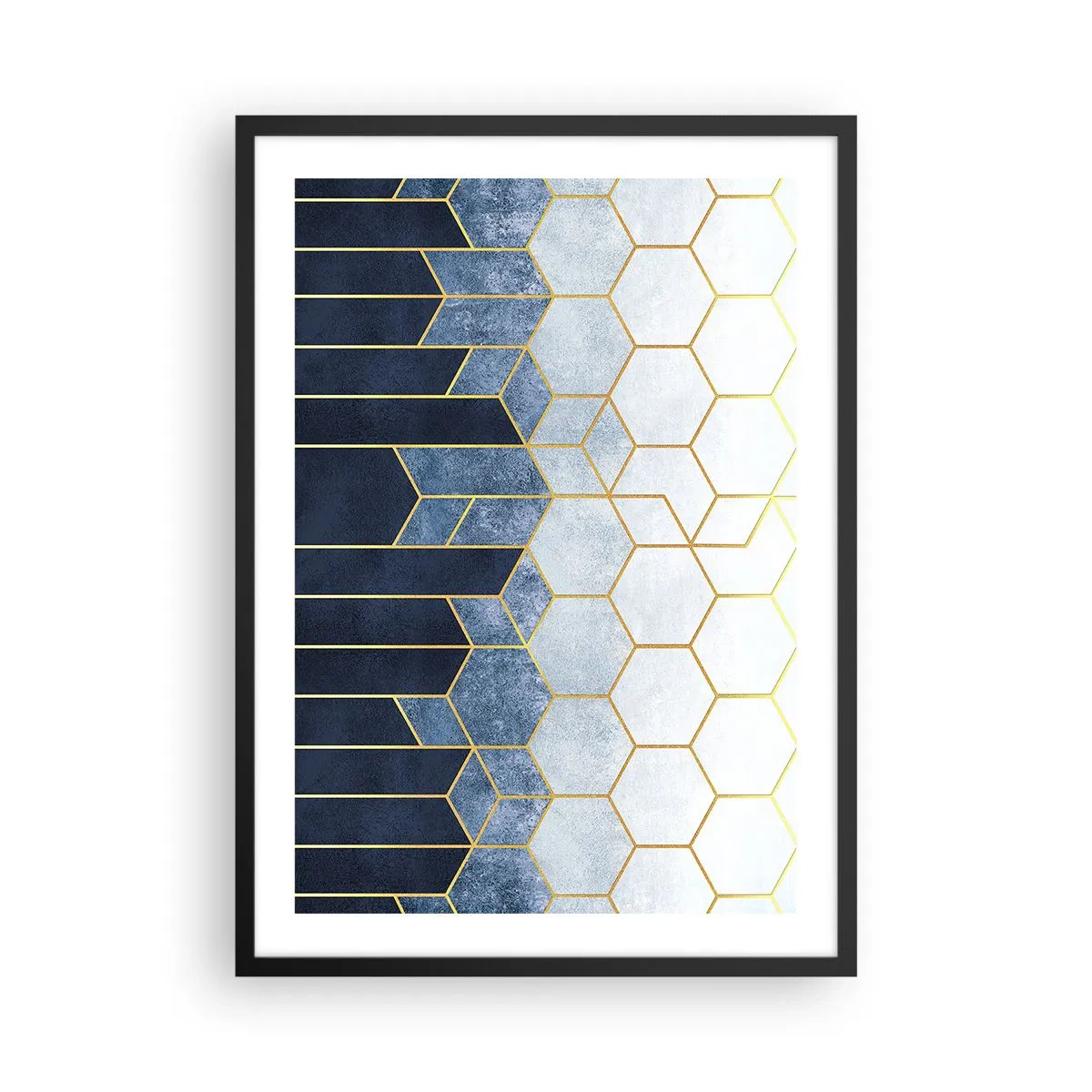 Poster in cornice nera - Composizione geometrica nei toni del blu navy e dell'oro con esagoni - 50x70cm - Composizione a ritmo sincopato - Decorazione murale moderna per soggiorno e camera da letto ARTTOR