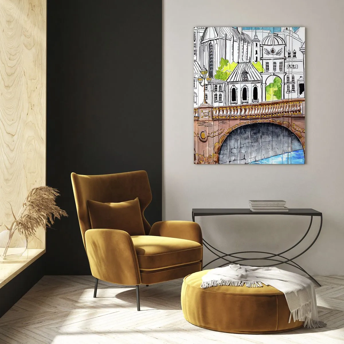 Quadro su vetro - Disegno del ponte e dell'architettura urbana storica - 70x100cm - Una città come dipinta - Decorazione murale moderna per soggiorno e camera da letto ARTTOR