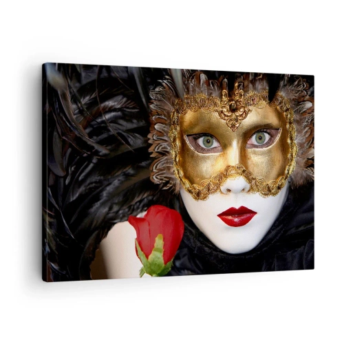 Quadro su tela - Stampe su Tela - Maschera veneziana dorata con piume e rosa rossa, motivo misterioso. - 70x50cm - Perché la vita è un grande ballo - Decorazione murale moderna per soggiorno e camera da letto ARTTOR