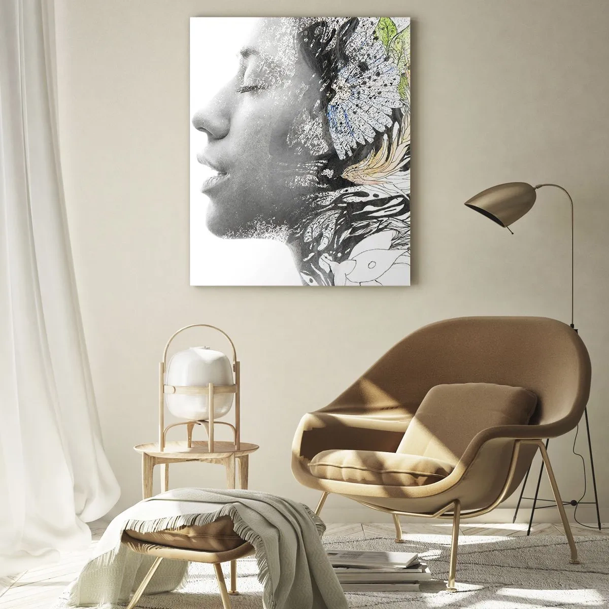 Quadro su vetro - Profilo di donna con motivi naturali in stile monocromatico - 50x70cm - Immersa nella natura - Decorazione murale moderna per soggiorno e camera da letto ARTTOR