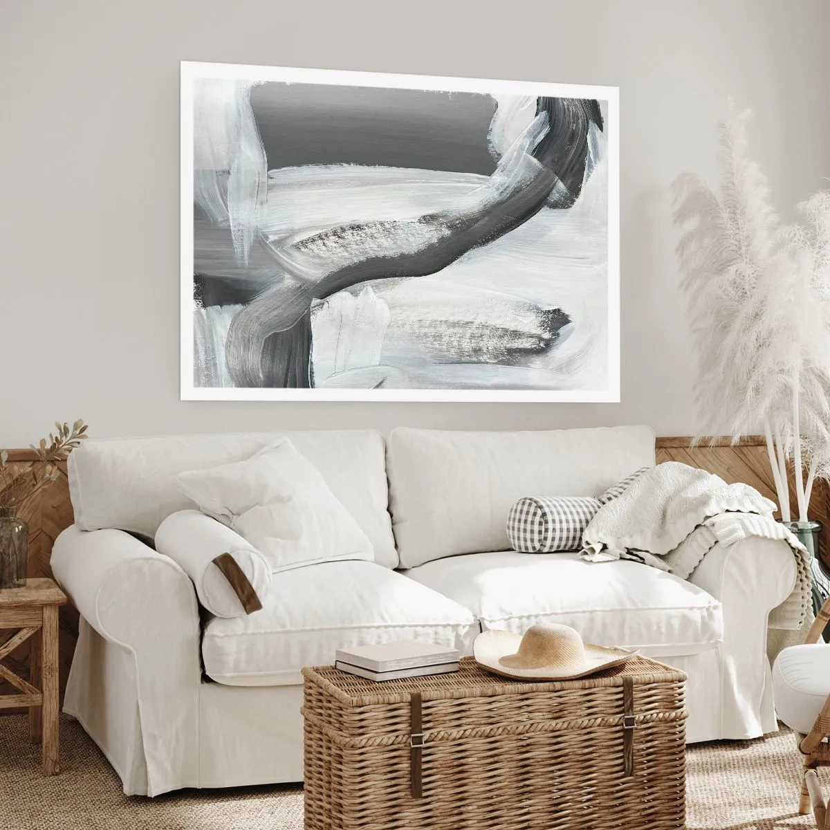 Poster - Astrazione grigia e bianca con linee dinamiche - 100x70cm - Movimento deciso - Decorazione murale moderna per soggiorno e camera da letto ARTTOR