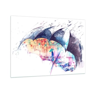 Quadro su vetro - Una città colorata sullo sfondo sotto un ombrello nero - 100x70cm - Passeggiata sotto la pioggia - Decorazione murale moderna per soggiorno e camera da letto ARTTOR