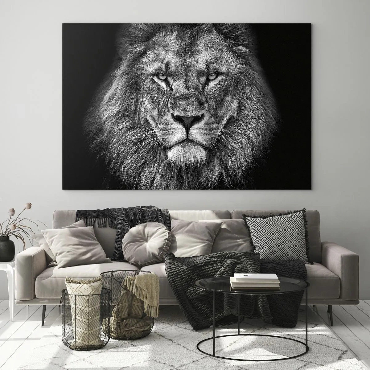 Quadro su vetro - Ritratto di un leone in bianco e nero con una maestosa criniera - 100x70cm - Nell'abito dell'incoronazione - Decorazione murale moderna per soggiorno e camera da letto ARTTOR