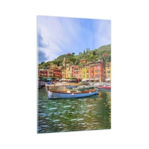 Quadro su vetro - Edifici colorati vicino al porto in una pittoresca cittadina - 50x70cm - Mattino italiano - Decorazione murale moderna per soggiorno e camera da letto ARTTOR