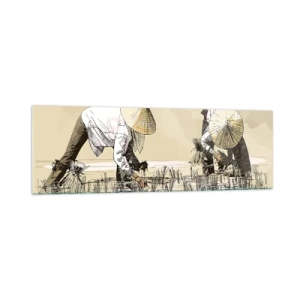 Quadro su vetro - Contadini che lavorano in una risaia indossando copricapi tradizionali - 160x50cm - Buon raccolto - Decorazione murale moderna per soggiorno e camera da letto ARTTOR