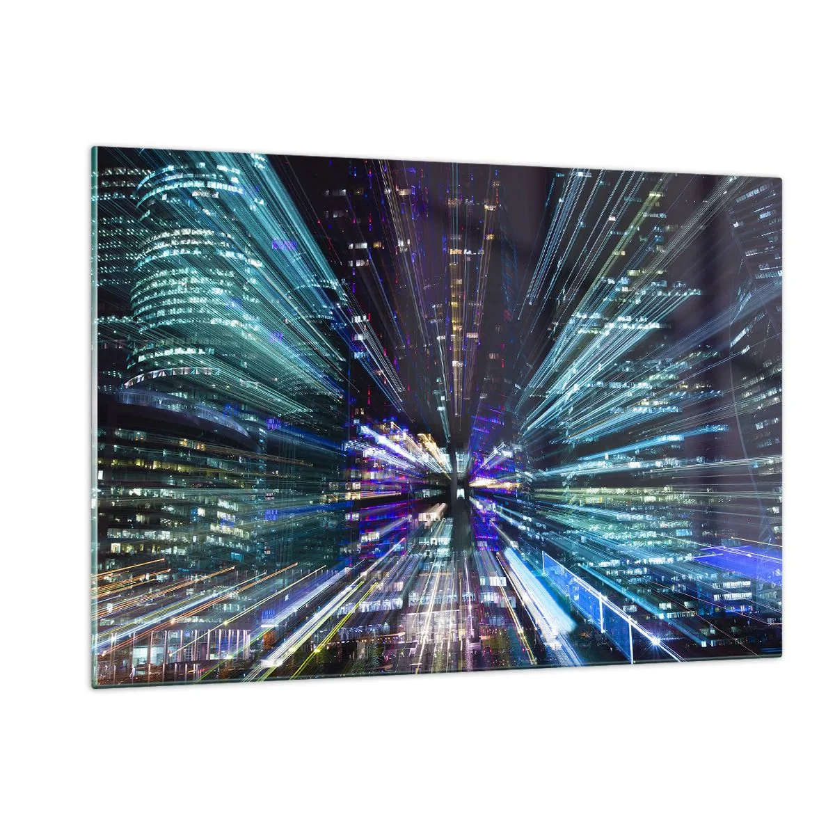 Quadro su vetro - Linee di luce dinamiche sullo sfondo di una città notturna - 120x80cm - Passaggio nell'iperspazio - Decorazione murale moderna per soggiorno e camera da letto ARTTOR