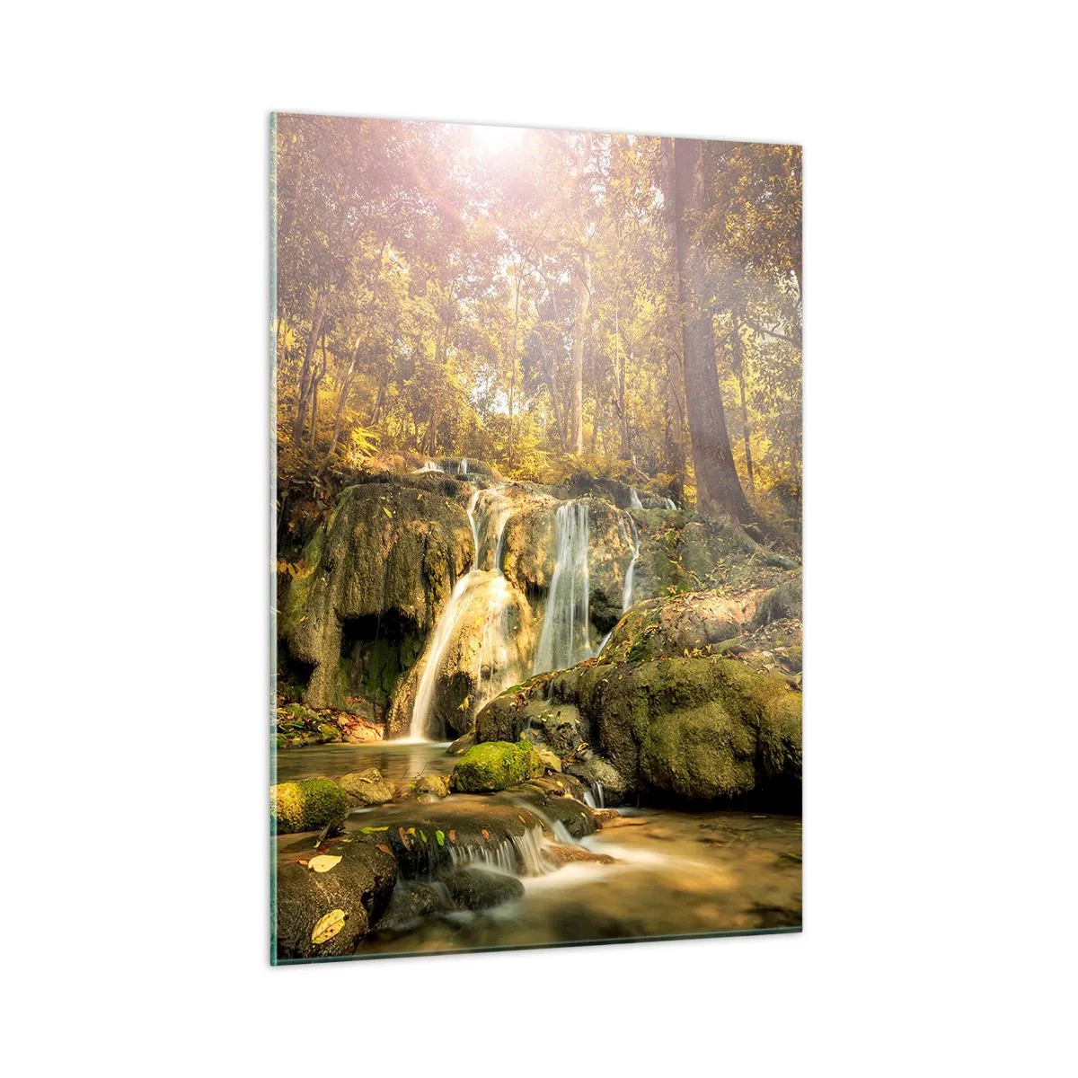 Quadro su vetro - Cascata nella foresta nel verde - 50x70cm - Cascata boschiva in verde - Decorazione murale moderna per soggiorno e camera da letto ARTTOR