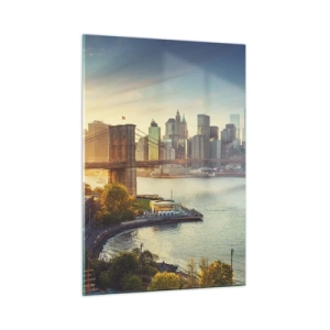 Quadro su vetro - Panorama di New York City con il ponte di Brooklyn - 50x70cm - L'alba nella grande città - Decorazione murale moderna per soggiorno e camera da letto ARTTOR