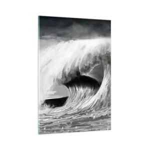 Quadro su vetro - Onda oceanica spettacolare in monocromia - 80x120cm - La furia dell'oceano - Decorazione murale moderna per soggiorno e camera da letto ARTTOR