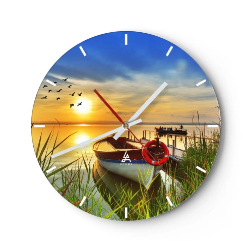 Orologio da parete - Orologio in Vetro - Una barca al molo al tramonto, uccelli che volano via - 30x30cm - I cormorano volano già via - Decorazione murale moderna per soggiorno, cucina e camera da letto ARTTOR