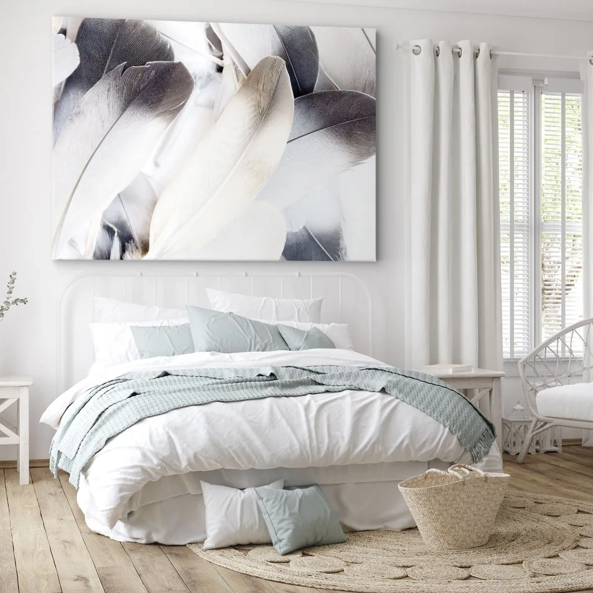 Quadro su tela - Stampe su Tela - Primo piano di piume delicate nelle tonalità del bianco e del grigio - 120x80cm - Quasi angeliche - Decorazione murale moderna per soggiorno e camera da letto ARTTOR
