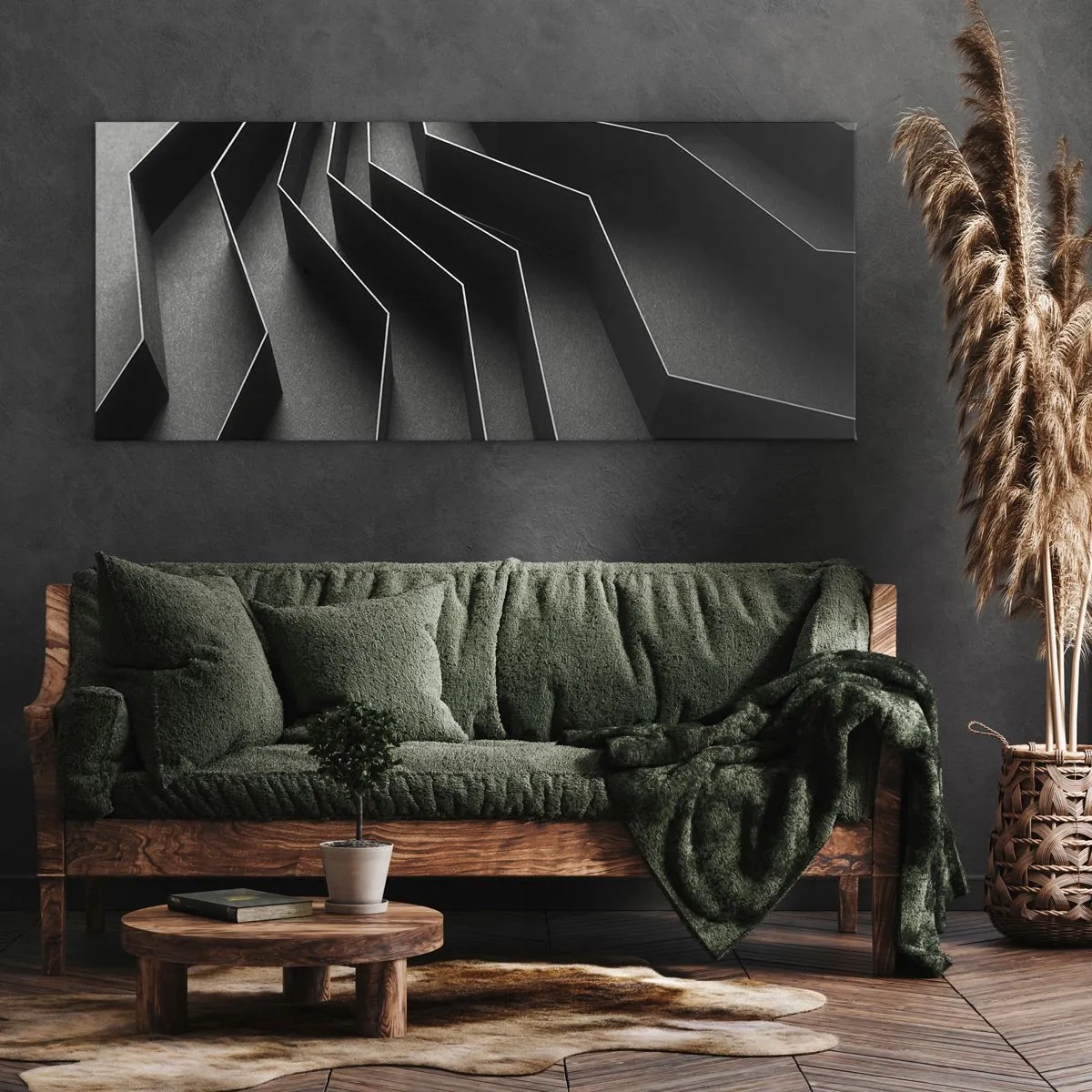 Quadro su tela - Stampe su Tela - Astrazione in bianco e nero con strutture geometriche - 160x50cm - Ordine tridimensionale - Decorazione murale moderna per soggiorno e camera da letto ARTTOR