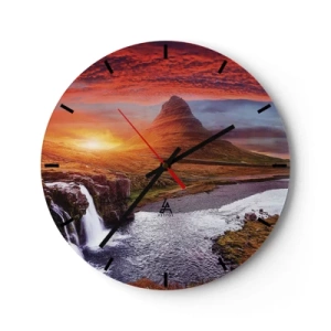 Orologio da parete - Orologio in Vetro - Un paesaggio pittoresco con una montagna, una cascata e un tramonto - 30x30cm - Paesaggio della Terra di Mezzo - Decorazione murale moderna per soggiorno, cucina e camera da letto ARTTOR