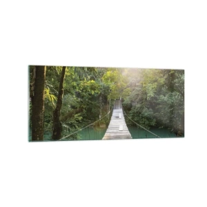 Quadro su vetro - Un ponte sospeso in una foresta tropicale illuminato dalla luce del sole. - 120x50cm - Sull'acqua azzurra verso il bosco azzurro - Decorazione murale moderna per soggiorno e camera da letto ARTTOR