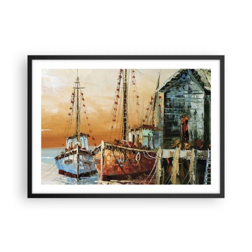 Poster in cornice nera - Barche sulla riva nella calda luce del tramonto - 70x50cm - Ritorno tranquillo - Decorazione murale moderna per soggiorno e camera da letto ARTTOR