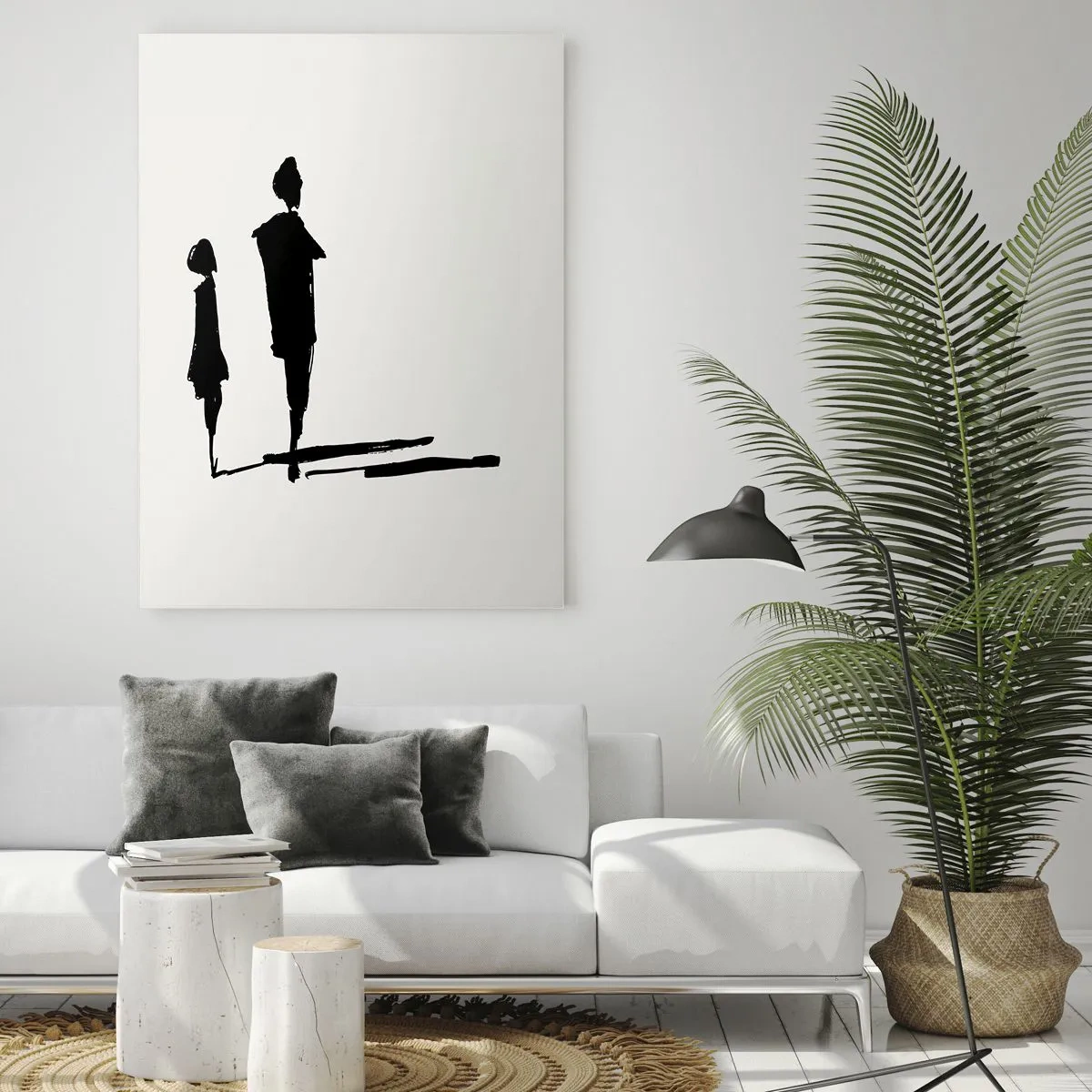 Quadro su vetro - Sagome nere di due figure con ombre su uno sfondo chiaro - 50x70cm - Sicuramente insieme? - Decorazione murale moderna per soggiorno e camera da letto ARTTOR