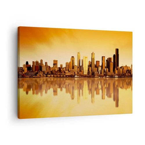 Quadro su tela - Stampe su Tela - Panorama della città riflesso nell'acqua al tramonto - 70x50cm - Silenzio della metropoli - Decorazione murale moderna per soggiorno e camera da letto ARTTOR