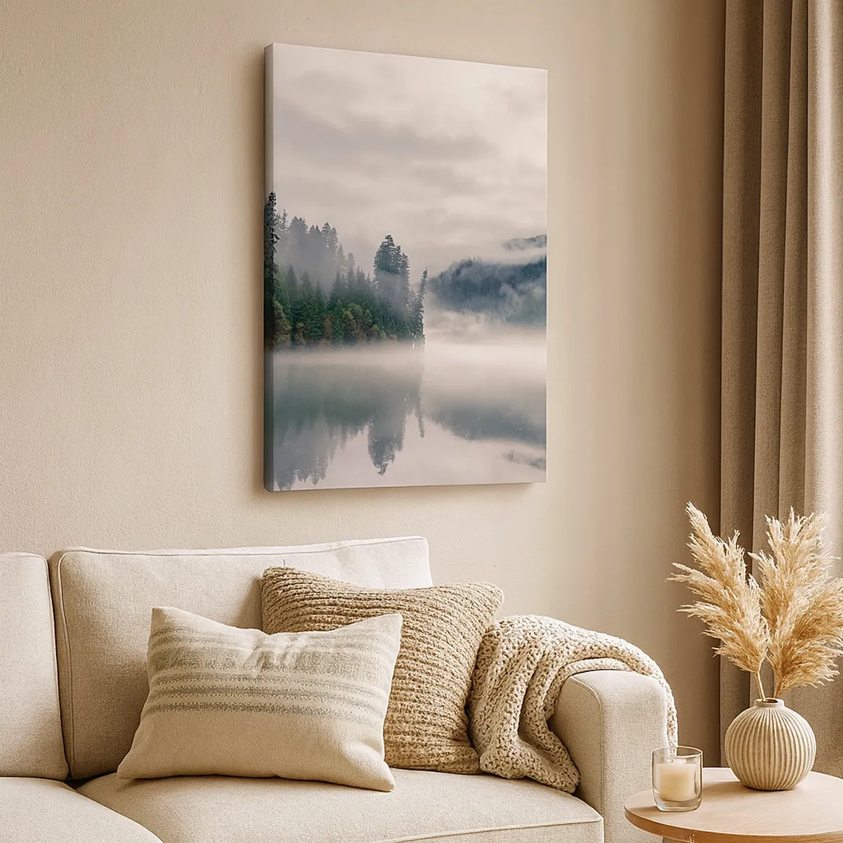 Quadro su tela - Stampe su Tela - Una foresta nebbiosa riflessa in un lago calmo - 50x70cm - Riflettendo nella nebbia - Decorazione murale moderna per soggiorno e camera da letto ARTTOR