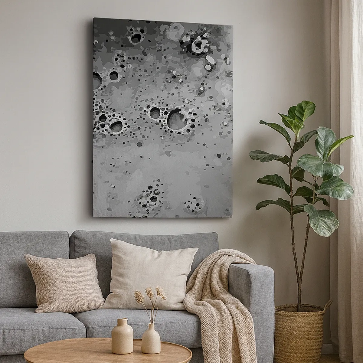 Quadro su tela - Stampe su Tela - Motivo astratto a bolle in bianco e nero - 50x70cm - Come un paesaggio lunare - Decorazione murale moderna per soggiorno e camera da letto ARTTOR
