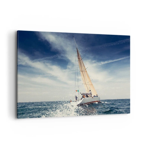 Quadro su tela - Stampe su Tela - Una barca a vela su un mare in tempesta sotto un cielo azzurro - 100x70cm - Non ci raggiungeranno! - Decorazione murale moderna per soggiorno e camera da letto ARTTOR