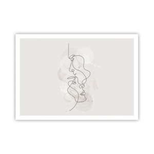 Poster - Contorno astratto di due volti su uno sfondo chiaro - 100x70cm - Intrecciati in un abbraccio - Decorazione murale moderna per soggiorno e camera da letto ARTTOR