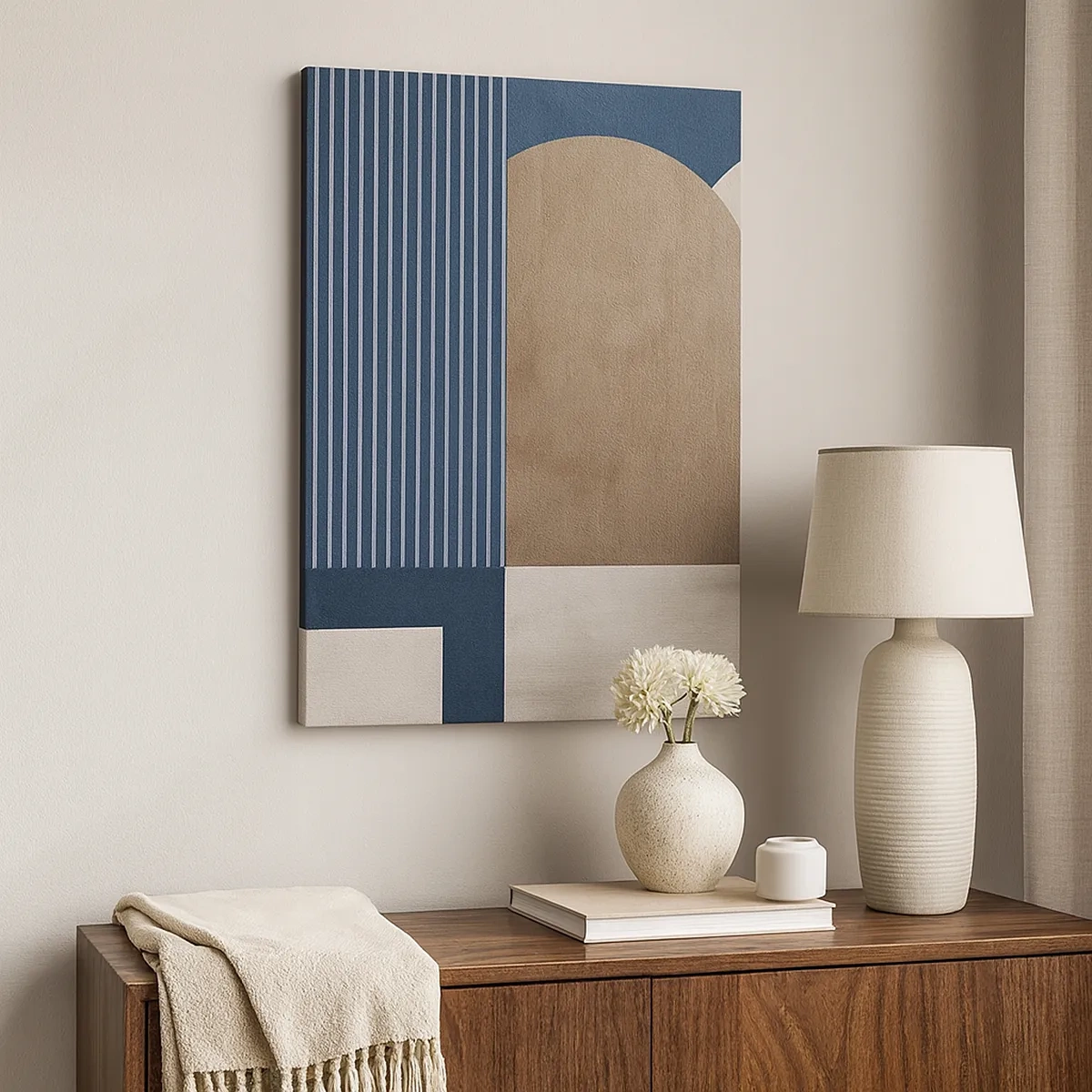 Quadro su tela - Stampe su Tela - Figure geometriche nei toni del beige e del blu navy con linee - 50x70cm - Composizione di semplicità e rotondità - Decorazione murale moderna per soggiorno e camera da letto ARTTOR