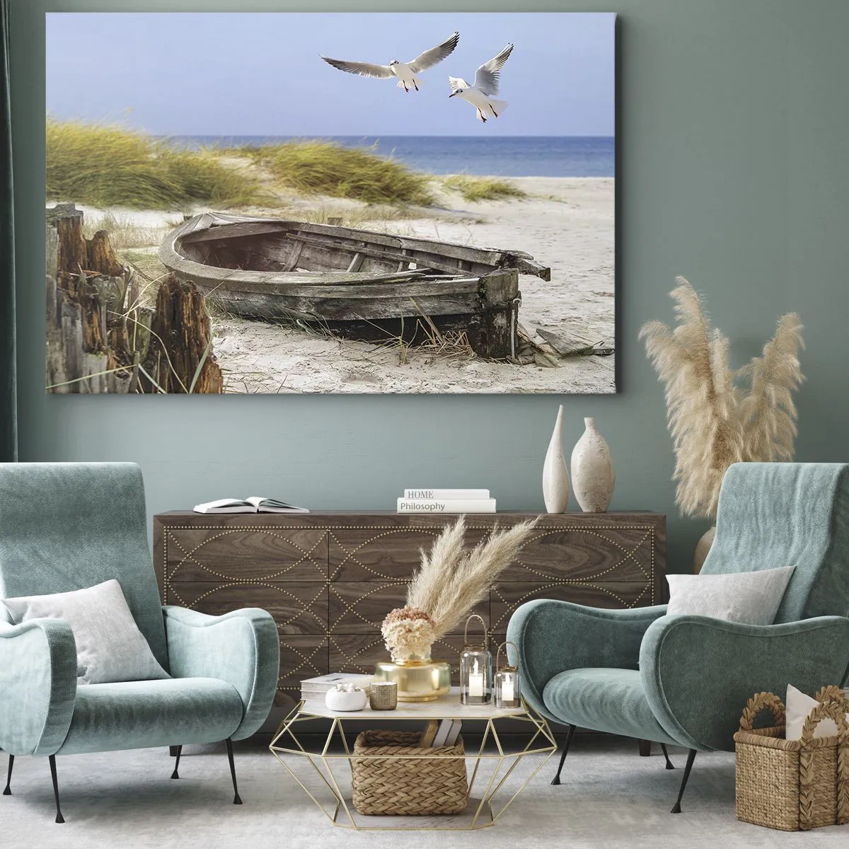 Quadro su tela - Stampe su Tela - Barca abbandonata su una spiaggia con gabbiani - 70x50cm - Bagnate dal vento - Decorazione murale moderna per soggiorno e camera da letto ARTTOR