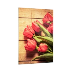 Quadro su vetro - Un mazzo di tulipani rosa su uno sfondo di legno - 80x120cm - Confessione primaverile - Decorazione murale moderna per soggiorno e camera da letto ARTTOR