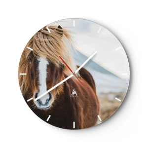 Orologio da parete - Orologio in Vetro - Un cavallo marrone con una criniera chiara contro un paesaggio di montagna - 30x30cm - Senti la libertà? - Decorazione murale moderna per soggiorno, cucina e camera da letto ARTTOR