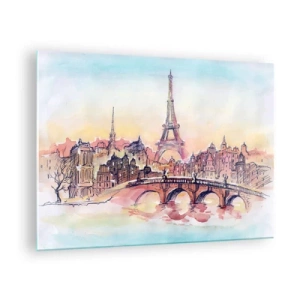 Quadro su vetro - Un panorama di Parigi con la Torre Eiffel in un delicato stile acquerello - 70x50cm - L'unica città così al mondo - Decorazione murale moderna per soggiorno e camera da letto ARTTOR