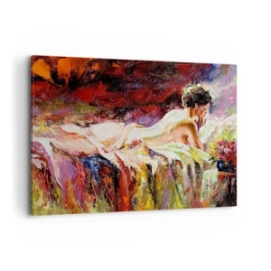 Quadro su tela - Stampe su Tela - Una donna sdraiata su un letto su uno sfondo di colori astratti. - 100x70cm - Venere pensierosa - Decorazione murale moderna per soggiorno e camera da letto ARTTOR