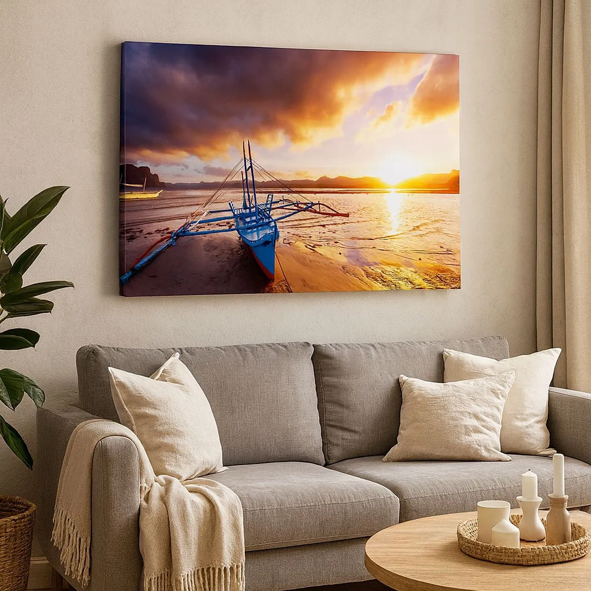 Quadro su tela - Stampe su Tela - Barca blu sulla spiaggia al tramonto - 70x50cm - Riposo sulla sabbia dopo l'intera giornata - Decorazione murale moderna per soggiorno e camera da letto ARTTOR