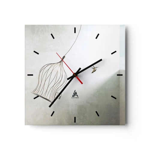Orologio da parete - Orologio in Vetro - Un uccello liberato da una gabbia sullo sfondo di un cielo luminoso - 30x30cm - Nel proprio elemento - Decorazione murale moderna per soggiorno e camera da letto ARTTOR