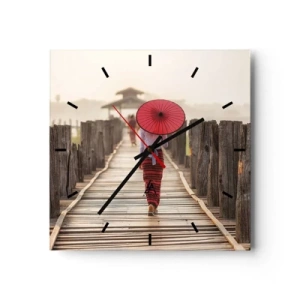 Orologio da parete - Orologio in Vetro - Una donna con un ombrello rosso su un ponte di legno - 30x30cm - Sul vecchio ponte - Decorazione murale moderna per soggiorno e camera da letto ARTTOR