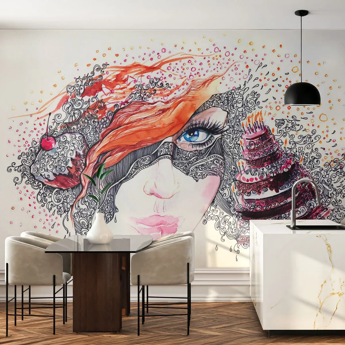 Fotomurali Autoadesivo Deluxe Sticker - Con lei ogni giorno è festa - Astrazione, Volto di donna, Torta - 250x175 cm