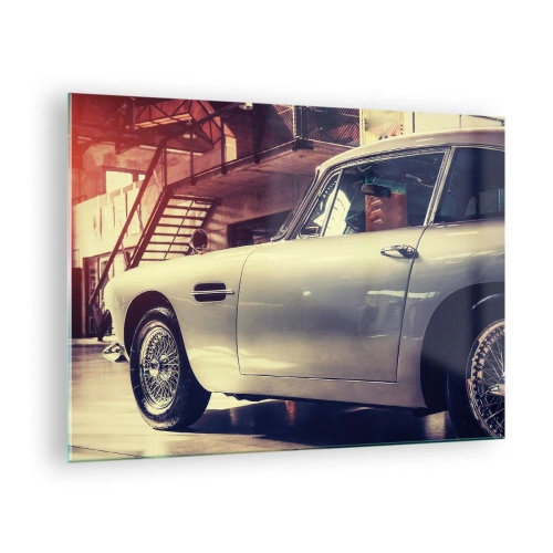 Quadro su vetro - Un'auto d'epoca in un elegante interno da garage - 70x50cm - La classicità non invecchia - Decorazione murale moderna per soggiorno e camera da letto ARTTOR