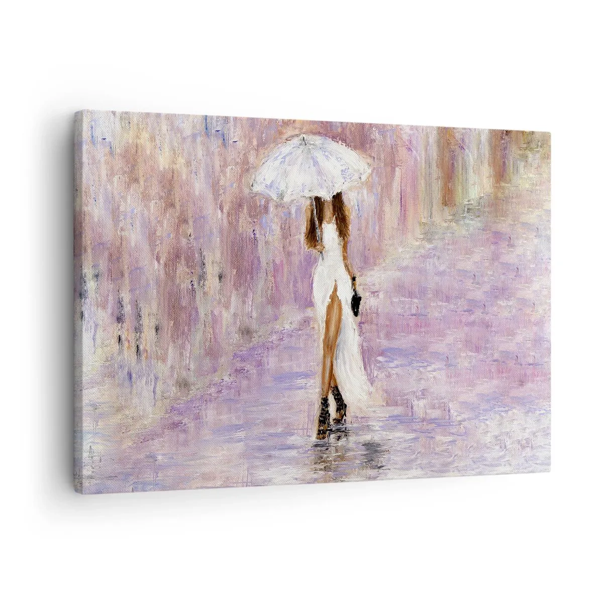 Quadro su tela - Stampe su Tela - Una donna con un ombrello che cammina sotto la pioggia nei toni del lilla - 70x50cm - Nella pioggia lilla - Decorazione murale moderna per soggiorno e camera da letto ARTTOR