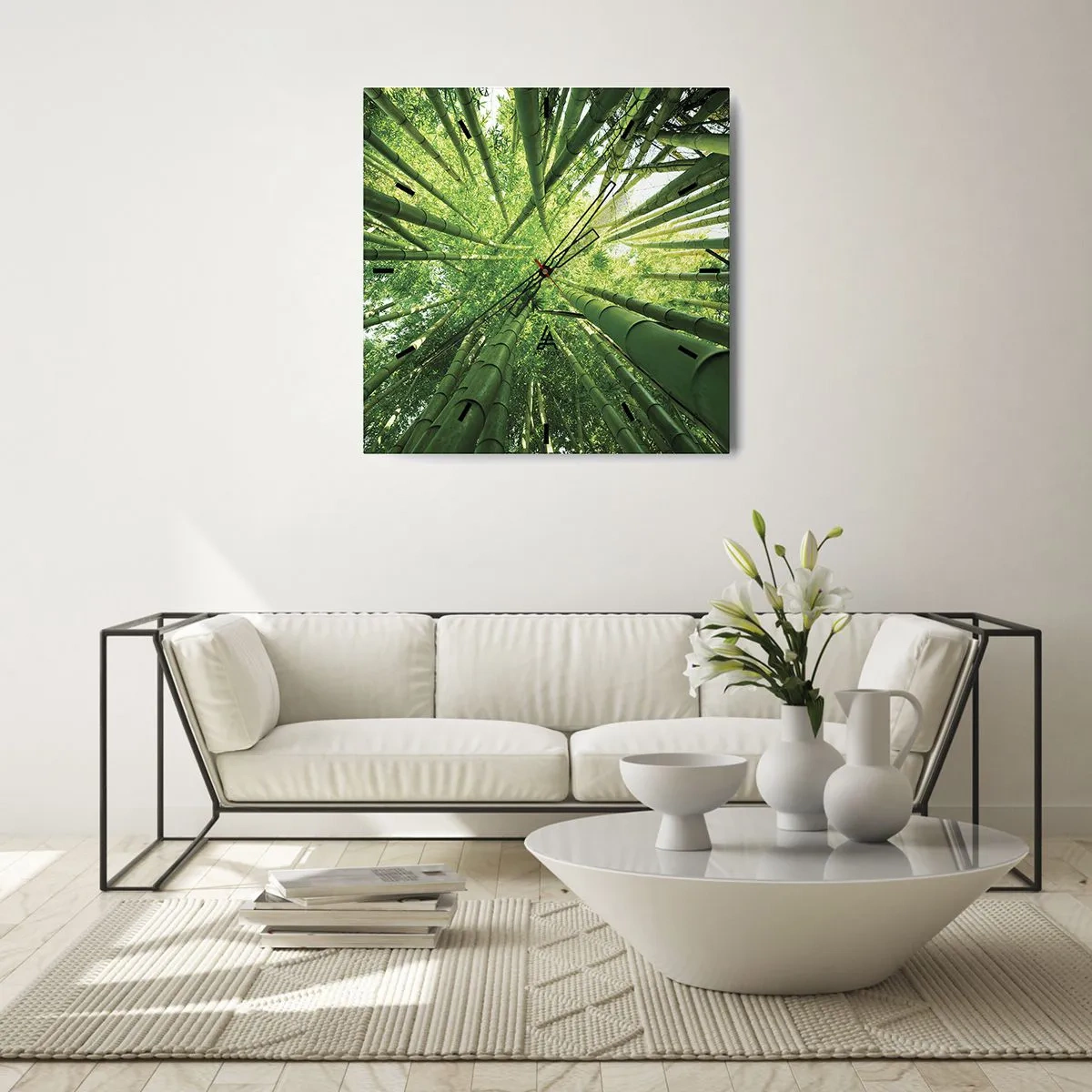 Orologio da parete - Orologio in Vetro - Vista attraverso un boschetto di bambù verde - 30x30cm - Nella foresta di bambù - Decorazione murale moderna per soggiorno e camera da letto ARTTOR