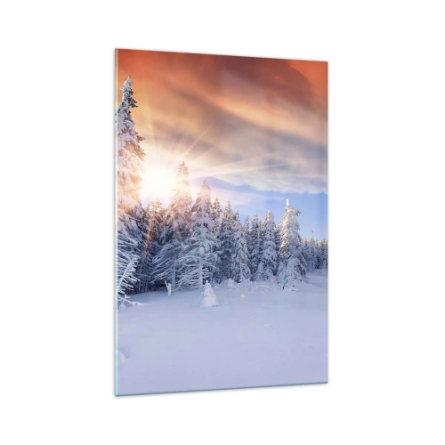 Quadro su vetro - Paesaggio invernale con foresta innevata al tramonto - 70x100cm - Spettacolo innevato della natura - Decorazione murale moderna per soggiorno e camera da letto ARTTOR