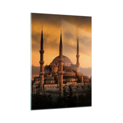 Quadro su vetro - La Moschea Blu sullo sfondo del tramonto - 50x70cm - Dio è grande - Decorazione murale moderna per soggiorno e camera da letto ARTTOR